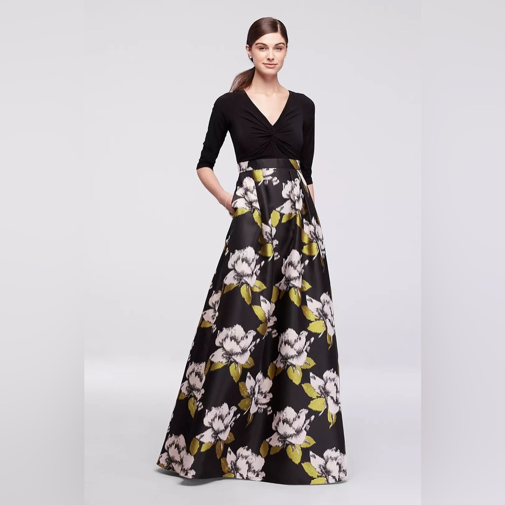 Black Floral V-Neck Evening Gown
